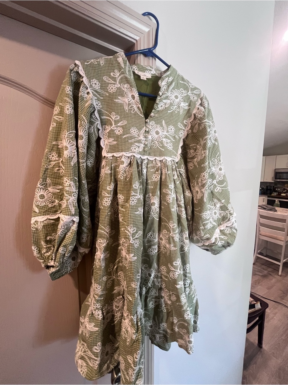 Sage Green Floral Lace-Trim Casual Dress
